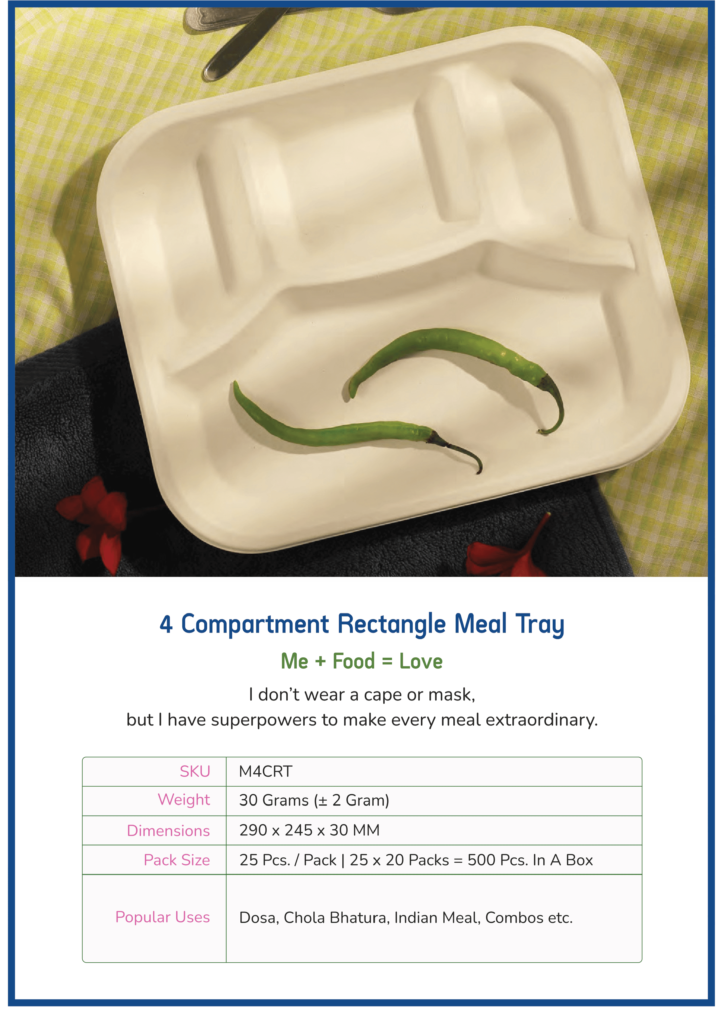 4 Compartment Rectangle Meal Tray